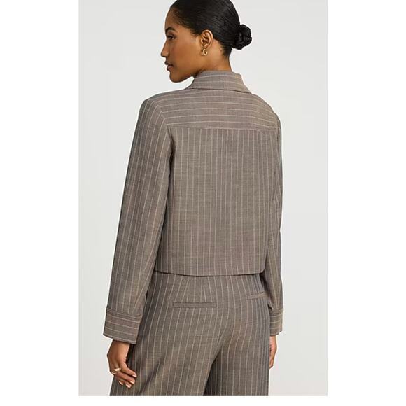 Express Sz M Pinstripe Collared Jacket Neutral Office Tailored Cropped Stretch - Picture 2 of 15